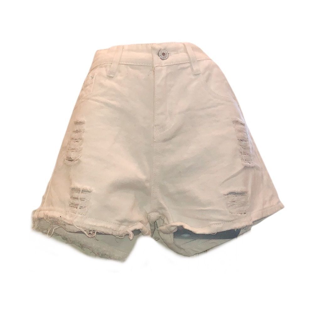 White Denim Shorts W/ Black & White Rock Patches - Picture 7 of 8
